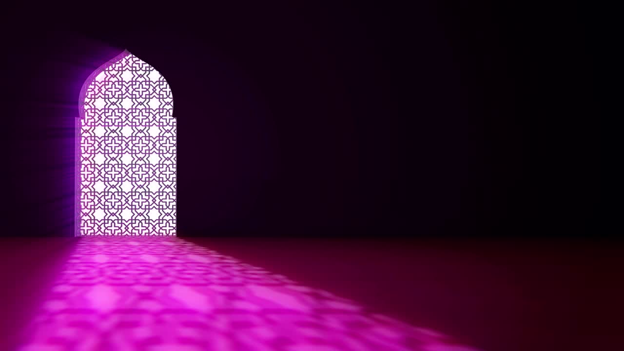 이슬람 내부 모스크 창문 또는 문, 안으로 들어오는 광선 어리, 라마단 카림 이슬람 운동 배경, 3d 애니메이션.