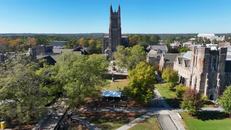 duke university chapel and students walking on lawn near chapel drive