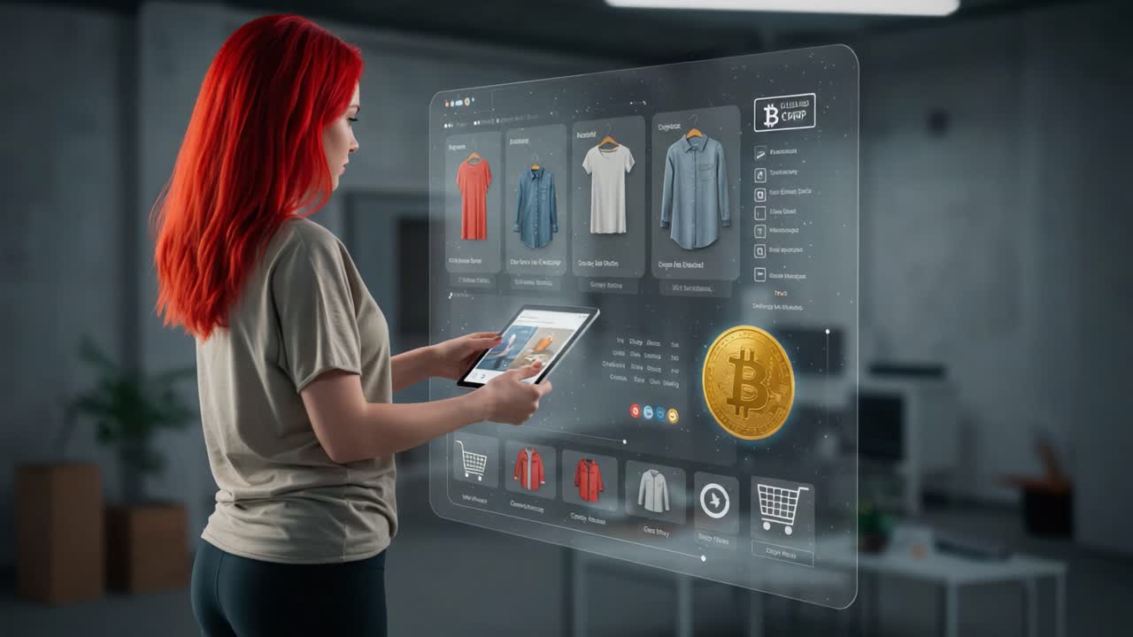 Exploring Virtual Shopping: A Young Woman Engages with a Futuristic Digital Interface Showcasing Fashion and Cryptocurrency Options