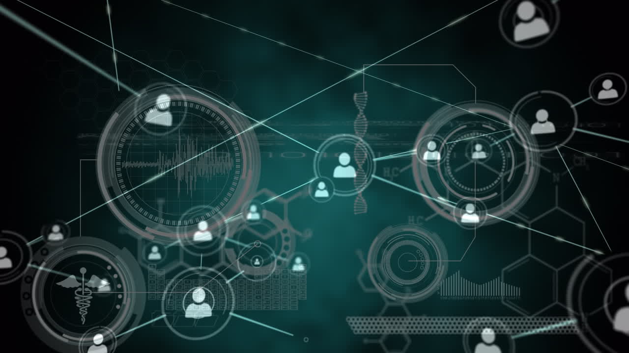 animación de redes de conexiones y procesamiento de datos médicos sobre fondo negro