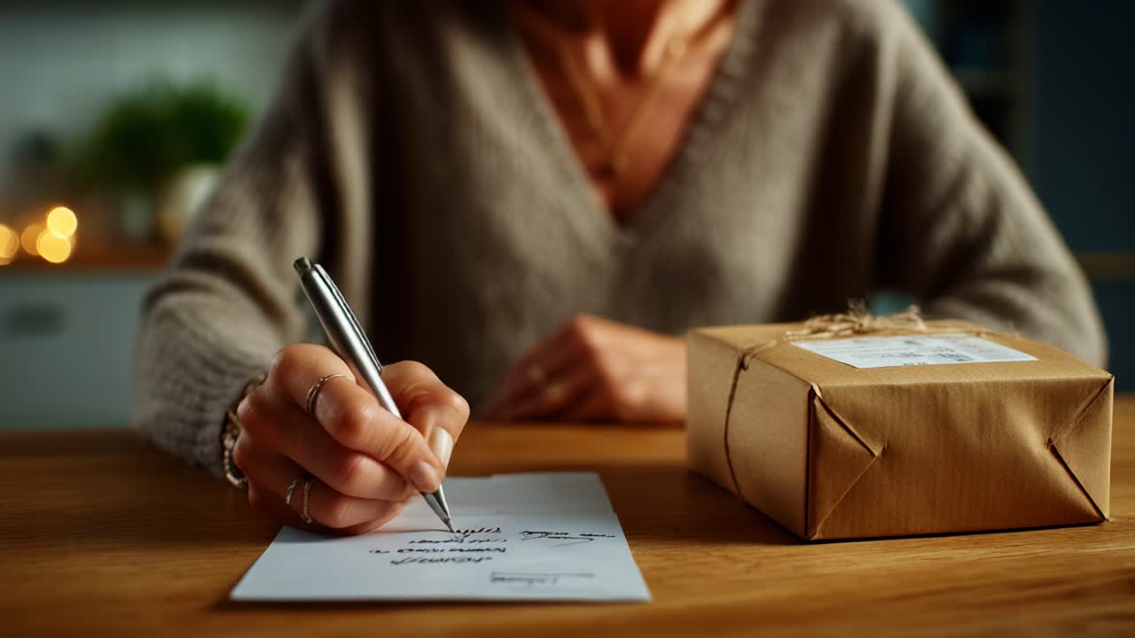 Frau, die neben einem Paket auf einem Holztisch einen Brief schreibt, umhüllt von warmer Beleuchtung, die die Essenz persönlicher Verbindung und achtsamer Kommunikation einfängt