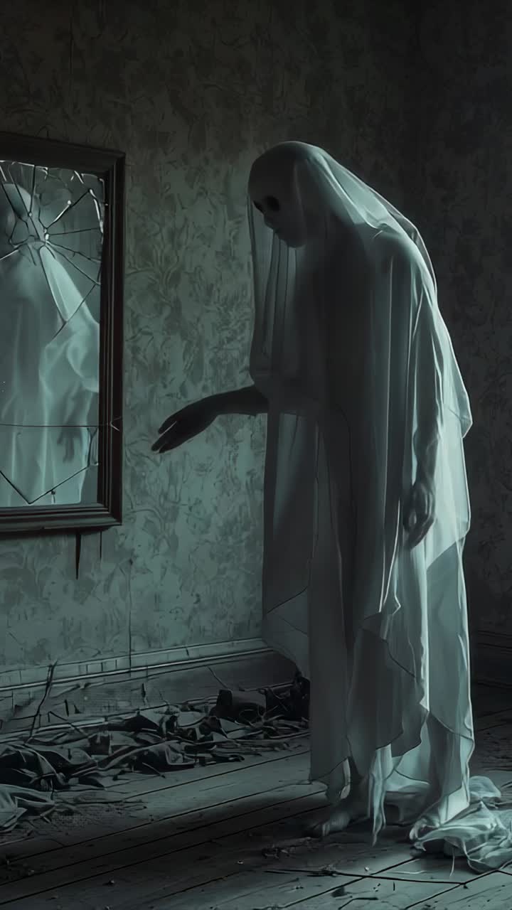 Vertical video: Lifting fingertip at 3 seconds, sheeted figure staring at mirror in abandoned room