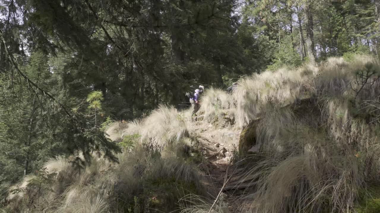 Hiker with a backpack hiking through the forests of Iztaccihuatl in Mexico