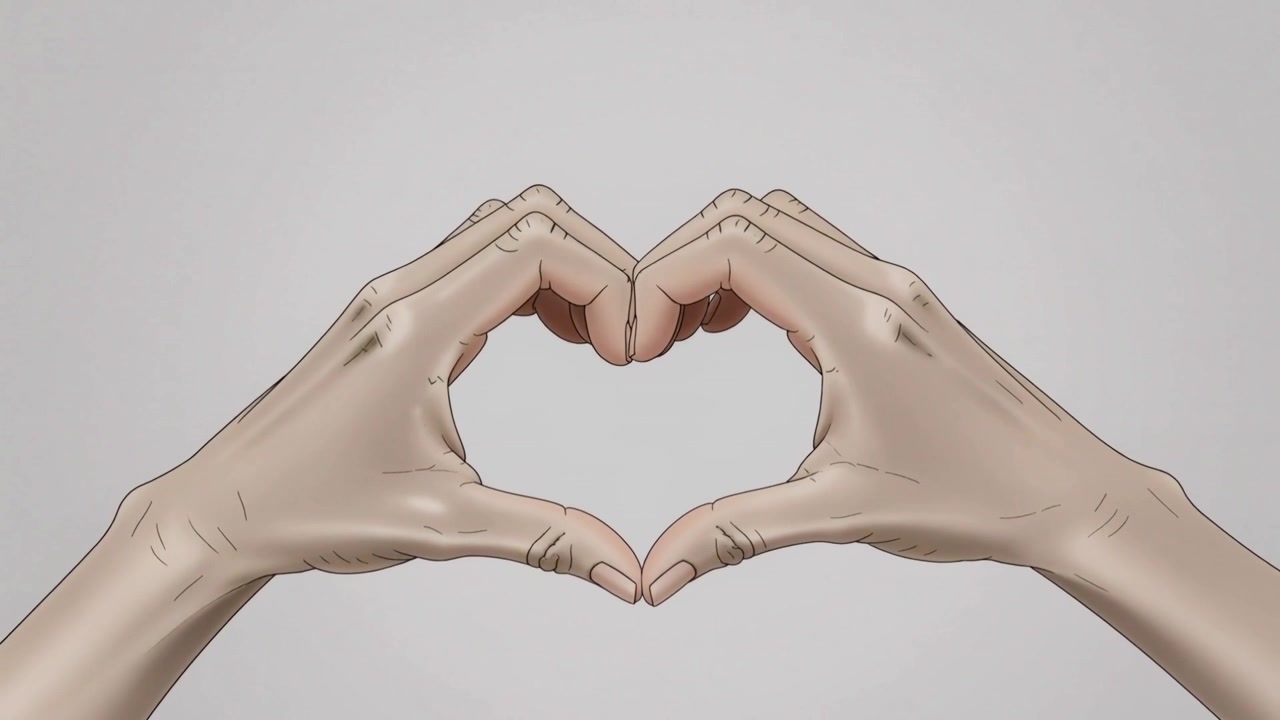 Due mani che partono separate e si muovono verso l'interno, toccando le punte e i pollici, formando un cuore in studio e mostrando amore.