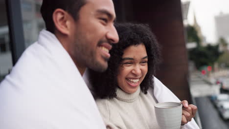 happy, love and marriage couple with coffee