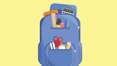 animación de una mochila con útiles escolares sobre un fondo amarillo