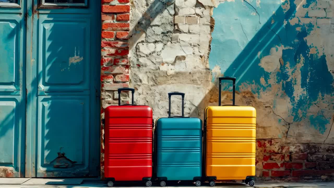 Tre valigie una accanto all'altra davanti a una porta blu