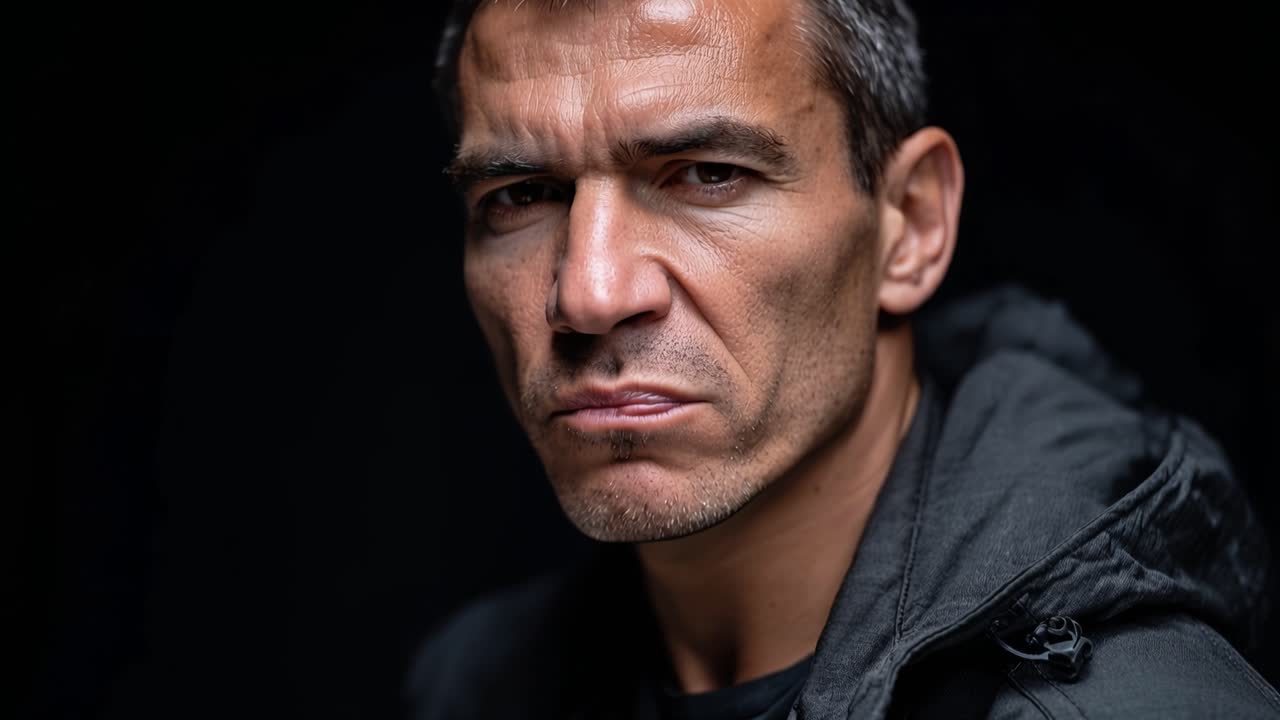 Intenso ritratto di un uomo in abiti scuri su sfondo nero, che trasmette emozioni crude e forte espressione con un focus su identità e forza
