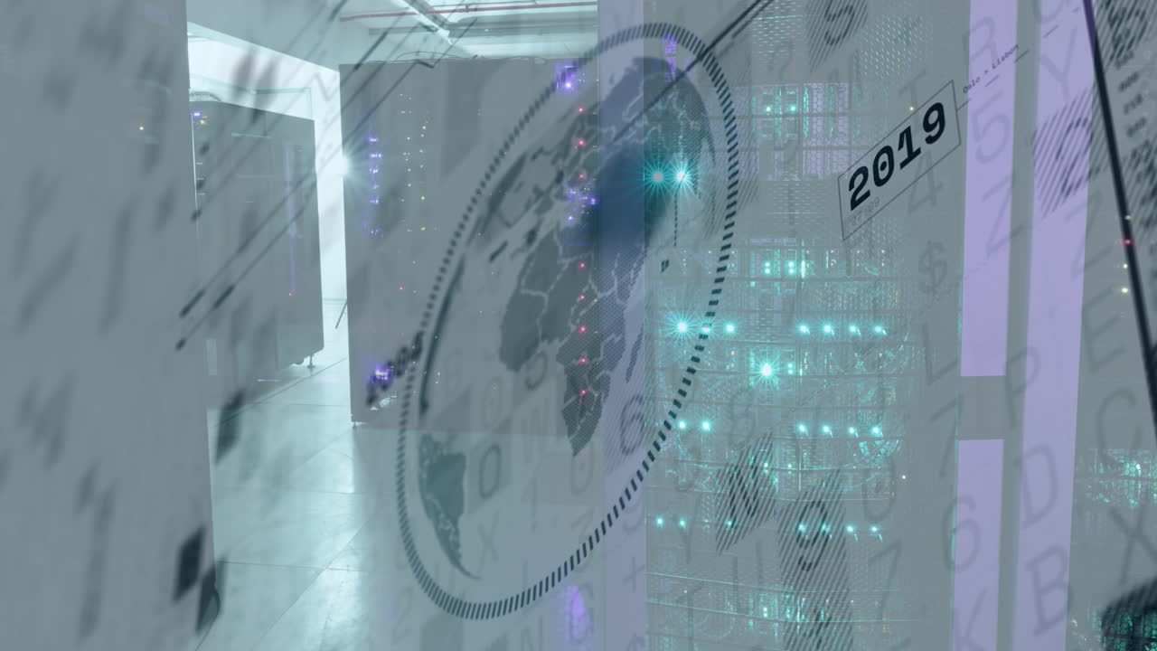 Animazione di globo ed elaborazione di dati finanziari su sala server