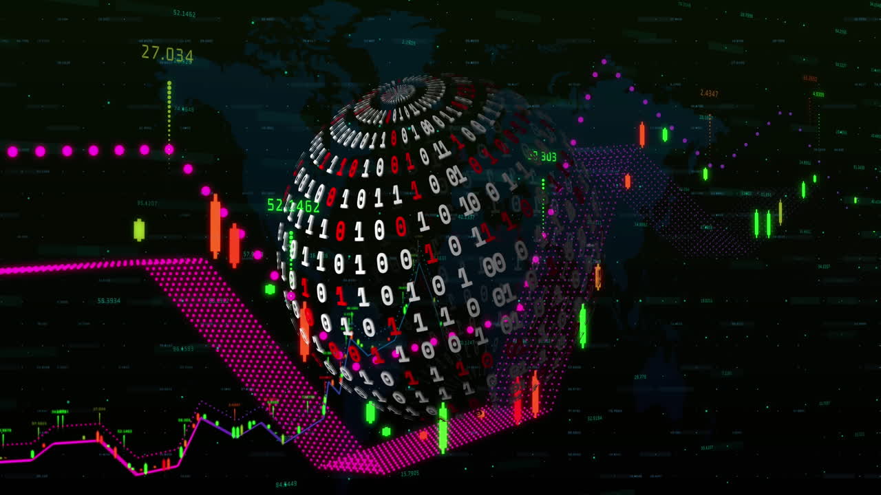 animación del procesamiento de datos financieros en todo el mundo con codificación binaria