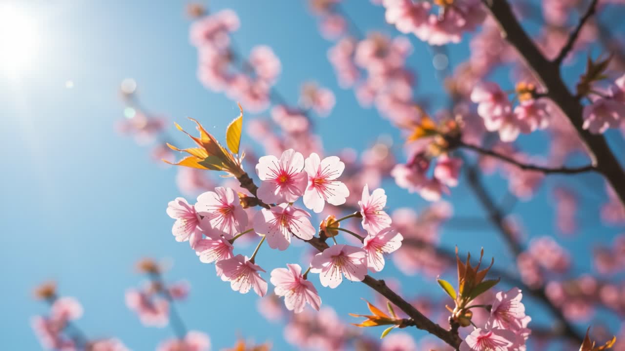 A Breathtaking Display of Pink Cherry Blossoms Against a Bright Blue Sky, Capturing the Essence of Spring in Full Bloom with Radiant Sunlight Enhancing Nature's Beauty