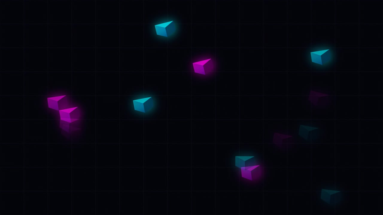 Floating Neon Cubes on Dark Grid Background