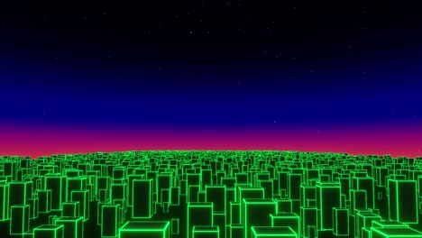 seamless flight over the futuristic neon city. 80s retrowave background 3d animation. vj loop