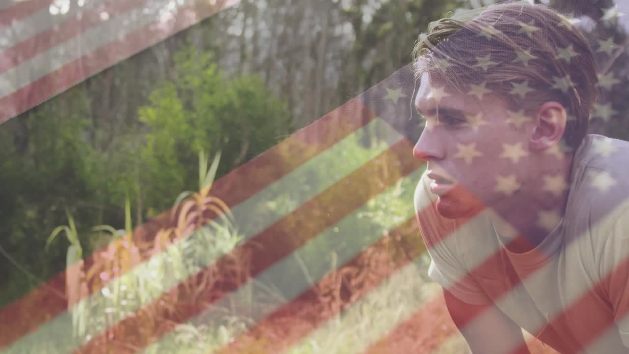 Soldier entering clearing and leaning on knees for training, breathing with animated gauge rising