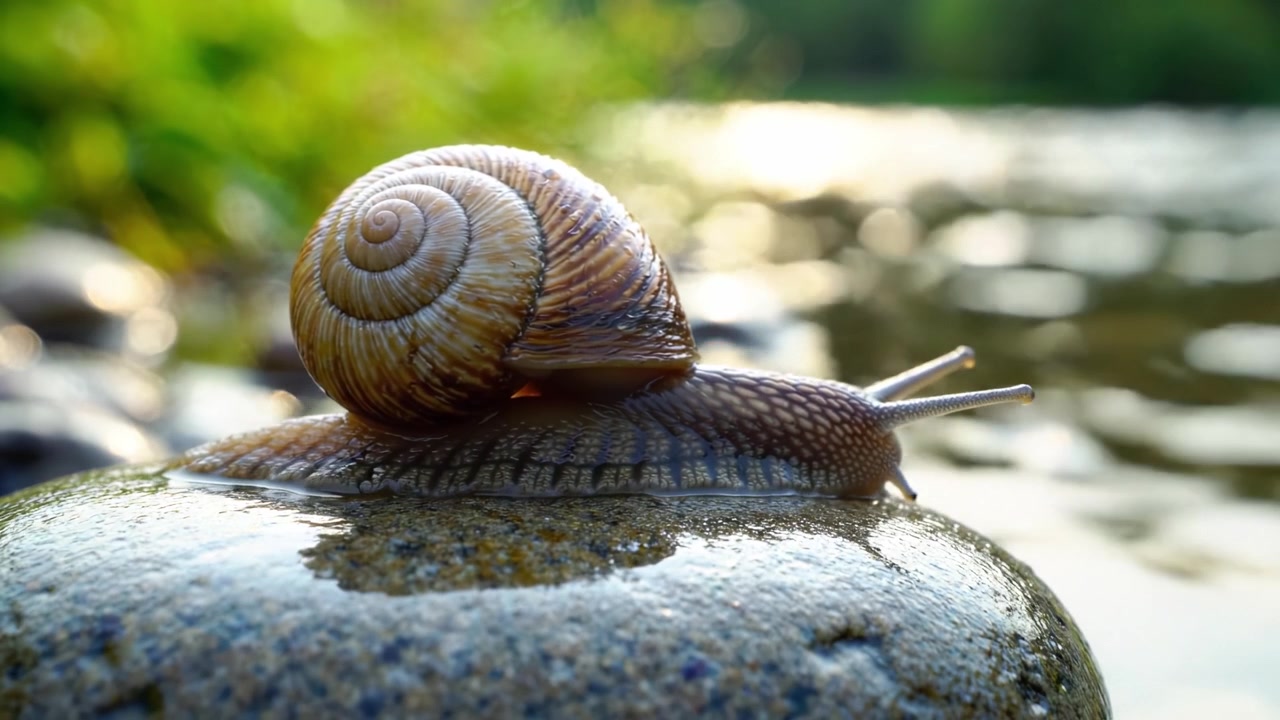 A Close-Up of a Snail Resting on a Smooth Stone by the Water's Edge, Highlighting the Beautiful Texture of its Shell and the Serene Natural Environment