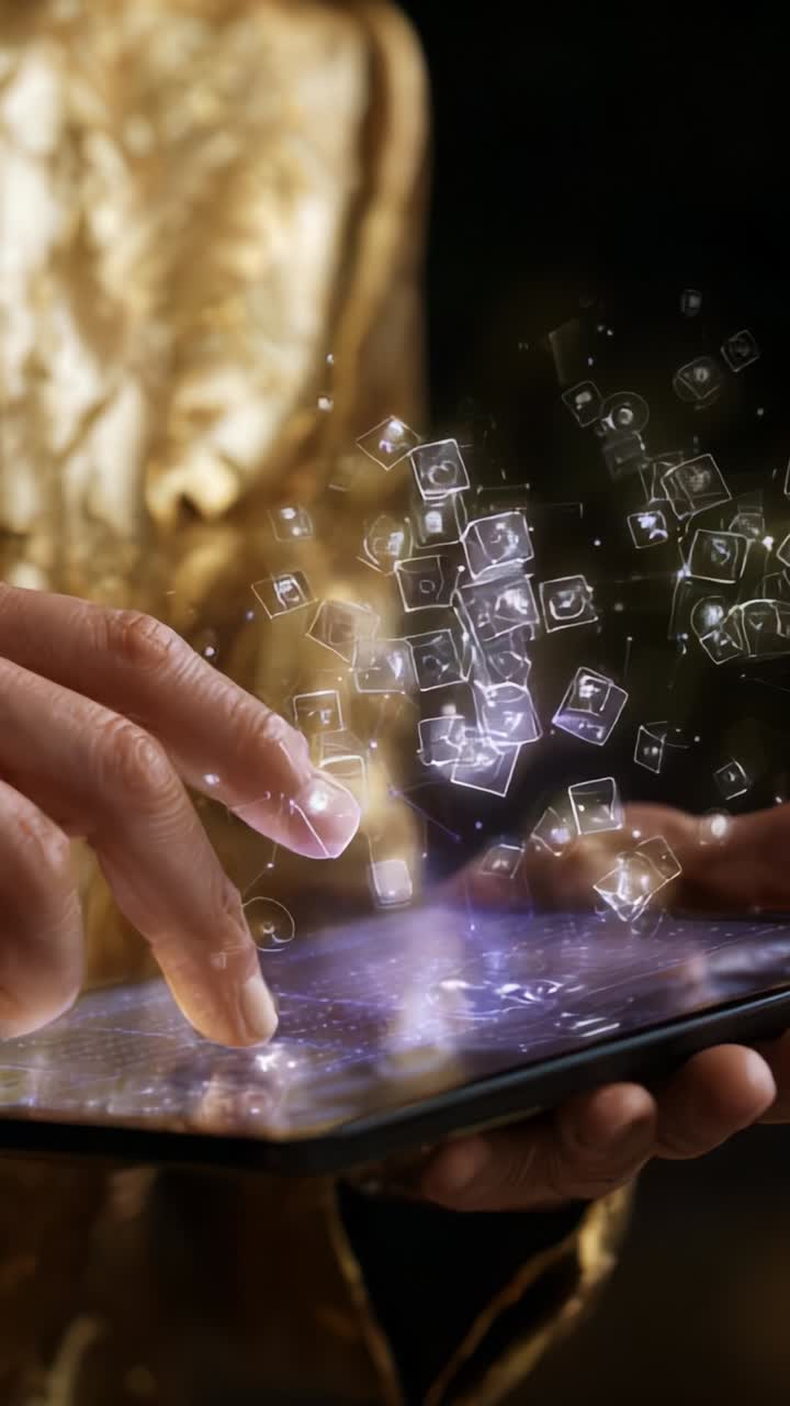 Uno sguardo al regno digitale: interazione con elementi olografici che emergono da un tablet con finiture dorate, riflesso della tecnologia moderna