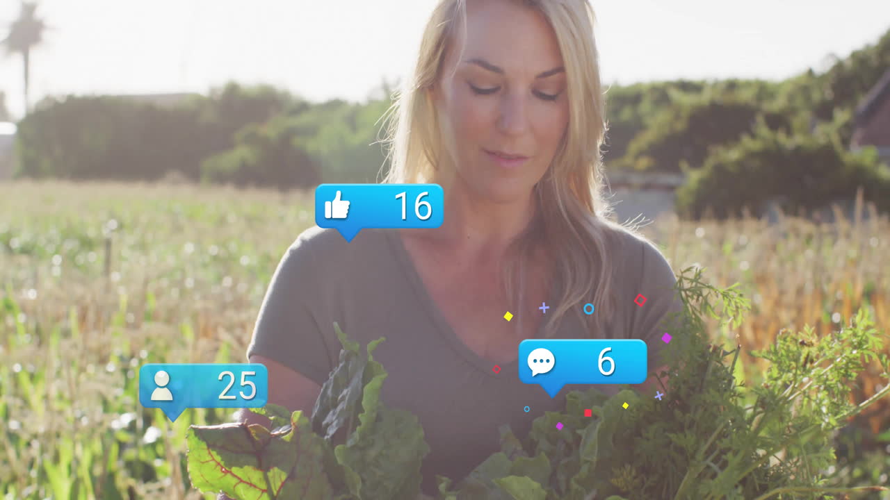 woman harvesting vegetables on farm, displaying floating social media icons for marketing
