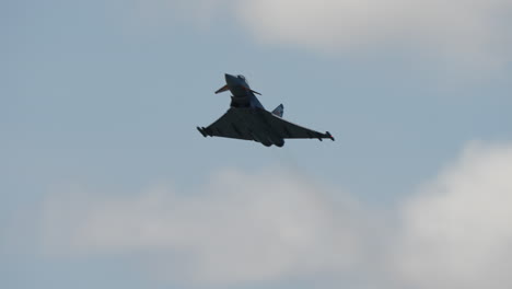 military jet fighter banking in the sky while performing an acrobatic maneuver