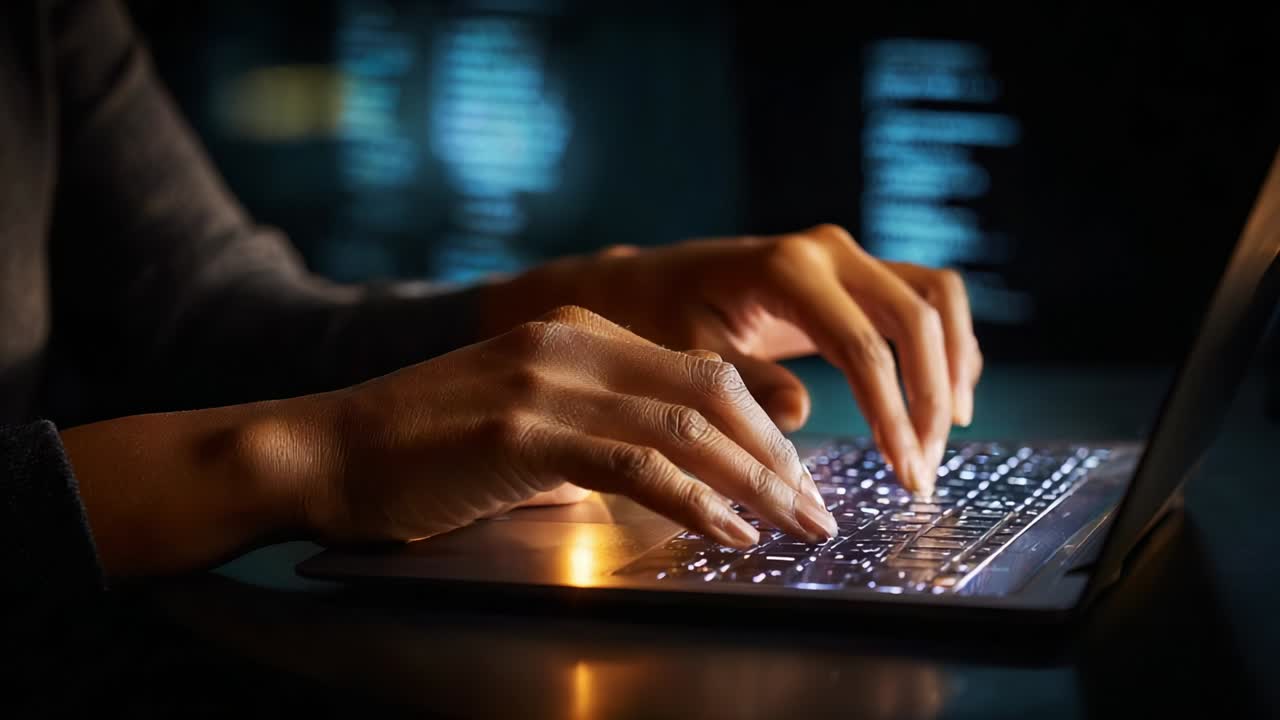 A Focused Individual Engaged in Intense Typing on a Laptop at Night, Illuminated by the Keyboard's Soft Glow While Surrounded by Abstract Digital Elements in a Dark Environment, Representing Innovation and Creativity