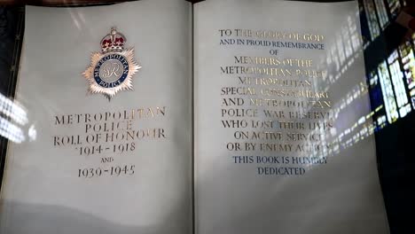 Closeup-shot-of-old-Metropolitan-Police-book-in-Westminster-Abbey,-UK,-London