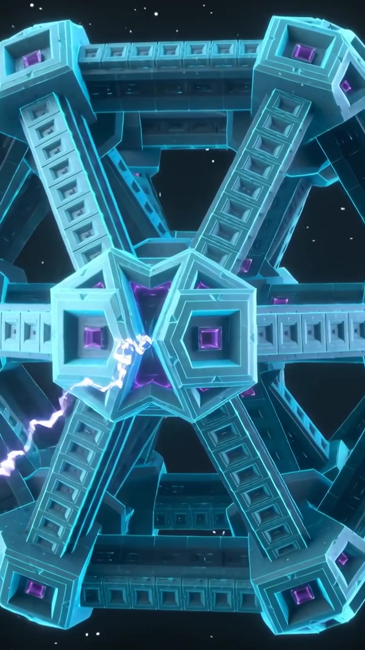 Vertical video: Rotating teal geometric object reacting to arcing at nodes in space, purple cubes