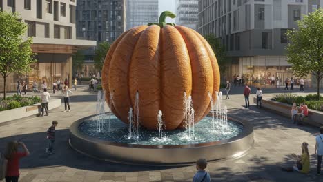 a stunning giant pumpkin sculpture surrounded by a bustling urban landscape featuring a fountain at its base and engaging passersby in a vibrant city center