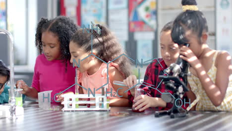 chemical structure diagram over children conducting science experiments in classroom