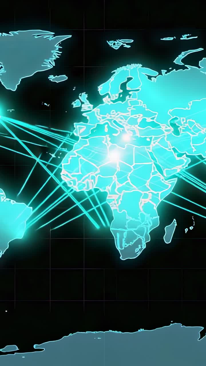 Vertical video: Emitting teal glow over Europe map pulsing nodes and fanning connections on grid