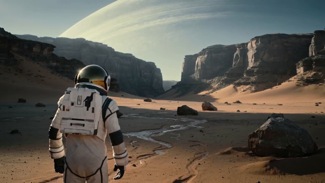 Zauważający opasaną pierścieniami planetę, astronauta w białym skafandrze ze złotą przyłbicą stąpający wzdłuż strumienia w kierunku szczeliny kanionu