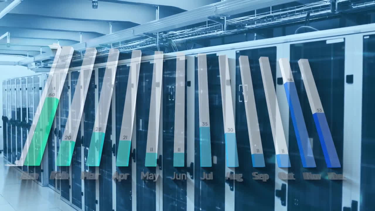 animación del procesamiento de datos financieros a través de servidores informáticos