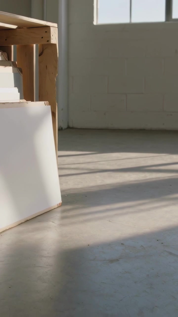 Vertical video: Showing canvases leaning by bench in studio, sun shifting window shadows