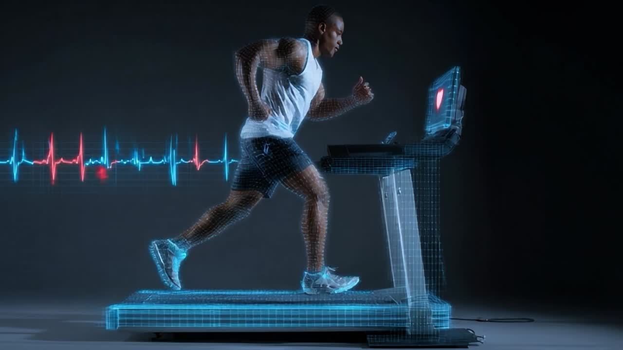 Appassionato di fitness corre sul tapis roulant con dati digitali sul monitoraggio della salute