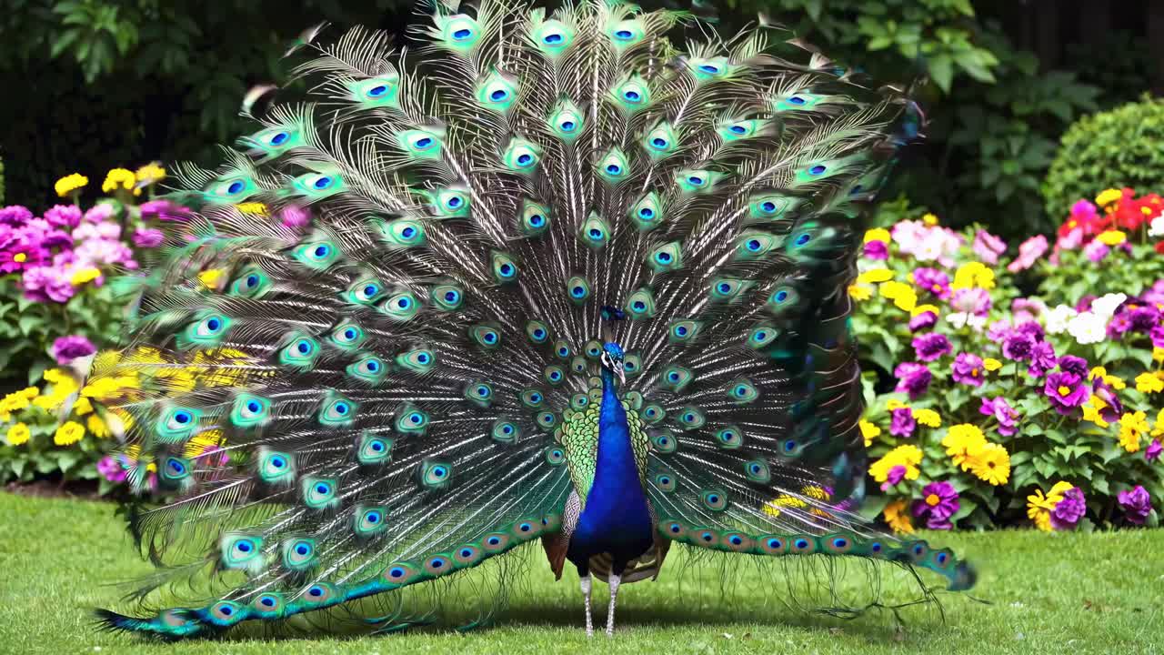 A vibrant video showcasing a peacock displaying its colorful feathers in a lush garden