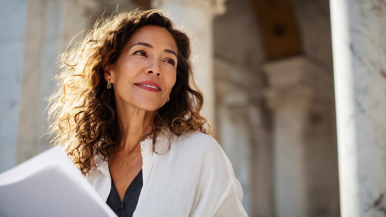 Una donna sicura di sé con i capelli ricci è in piedi e pensa, mentre tiene dei documenti davanti a colonne di marmo architettonicamente straordinarie, trasmettendo una sensazione di determinazione e ispirazione nell’ambiente circostante.