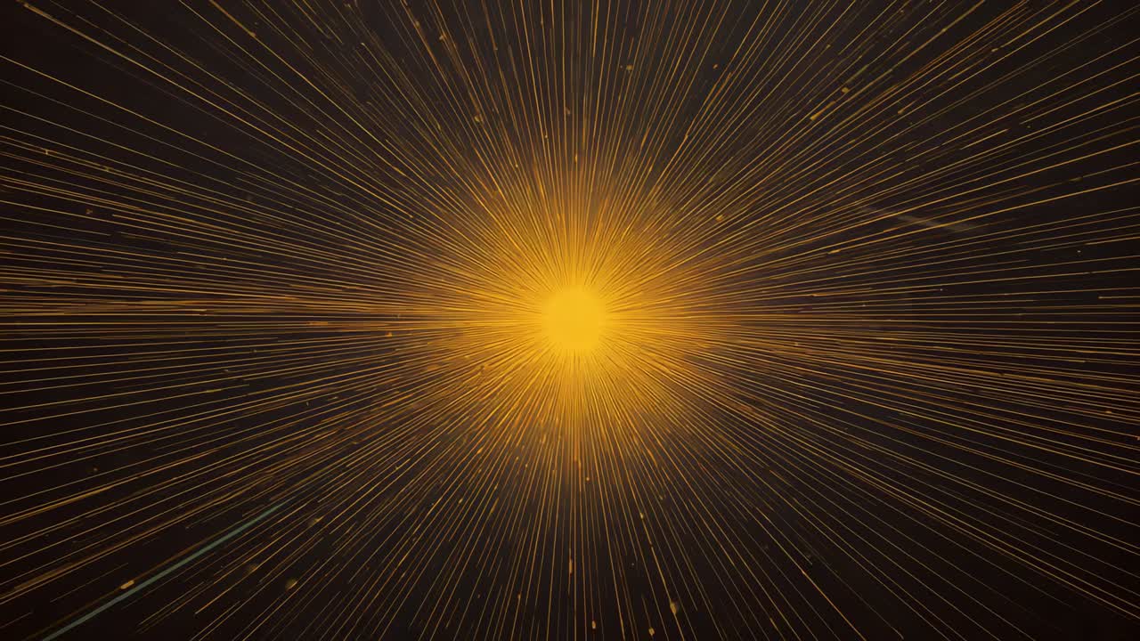Brightening central orb emitting golden streaks and sparks in dark backdrop, creating starburst