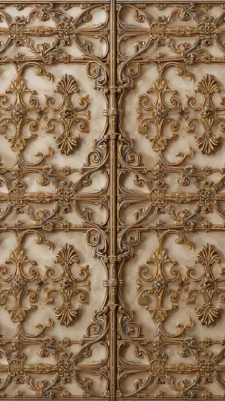 Vertical video: Operator moving cam, panning ornate panel on door to reveal seam filigree rows