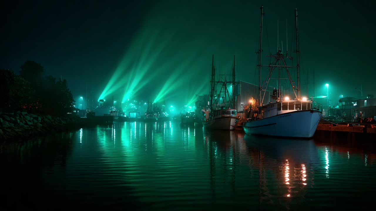 A serene night view of a coastal harbor illuminated by dramatic green lights, casting reflections on the still water and highlighting fishing boats docked along the pier, creating a tranquil yet vibrant atmosphere