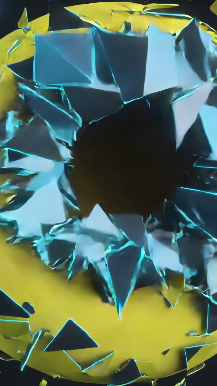 Vertical video: Probing blue probes breaking yellow shell, touching rim, forming hole in dark void