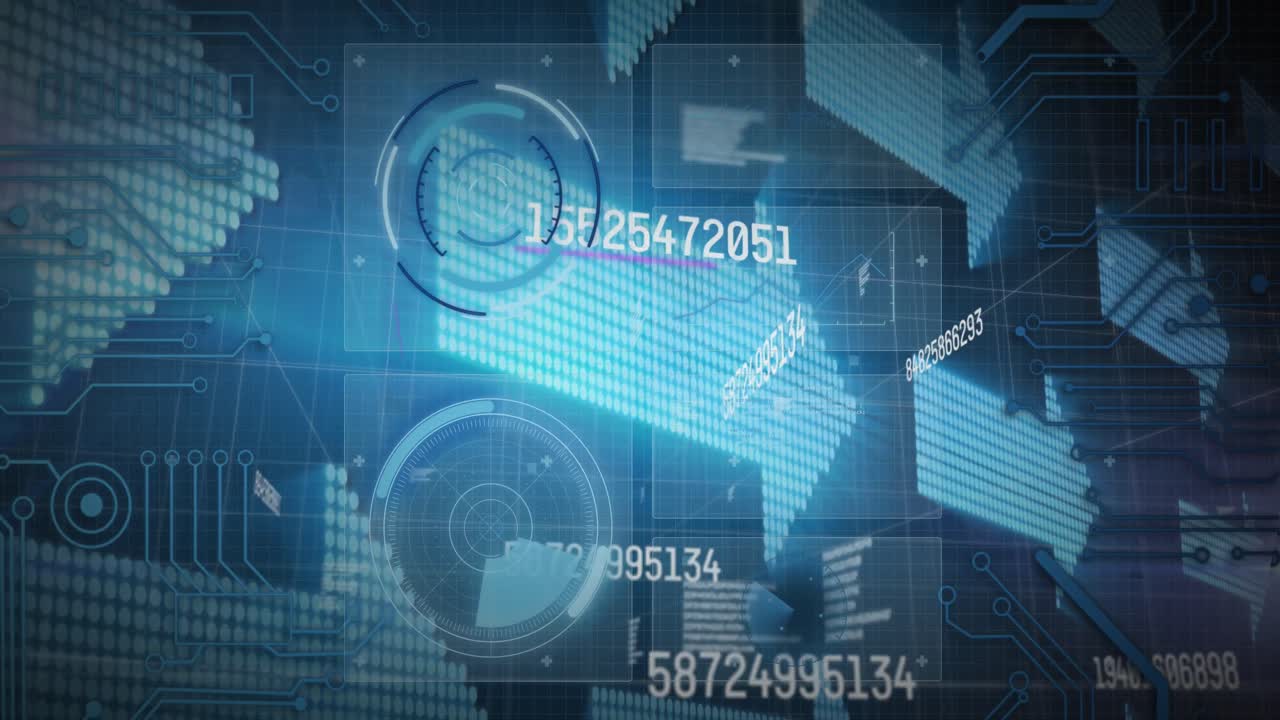 animación de escaneado de visores, procesamiento de datos con flechas brillantes sobre fondo azul