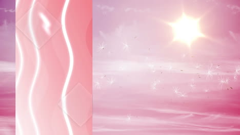 animation of i miss you text, with lines on vertical screen over pink sunset and dandelion clock