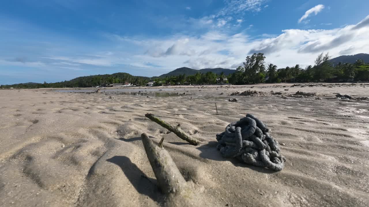 Time lapse video of marine worms leaving sand poop hills on a tropical beach in Koh Phangan Thailand during low tide, showing unique coastal patterns and natural ecosystem