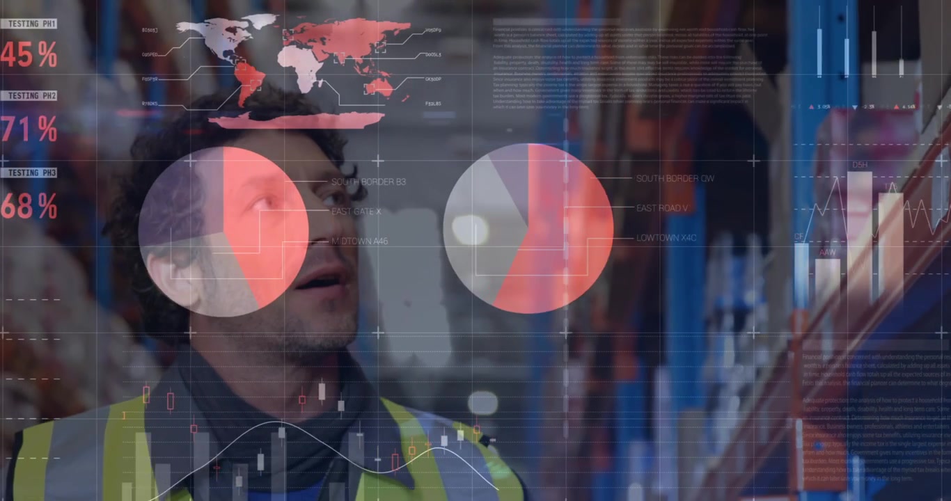 Animation of statistical data processing over caucasian male worker checking stock at warehouse