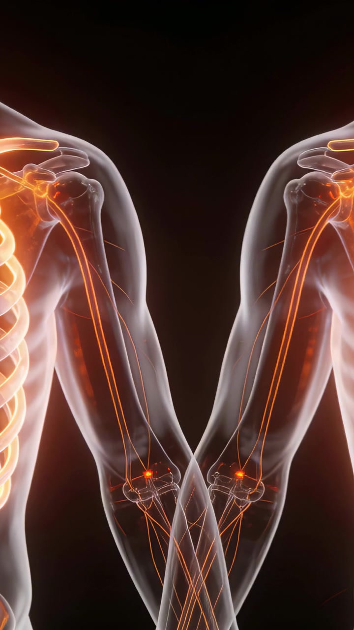 Vertical video: Sending pulse causing clear upper torsos showing orange tracts and nodes in clinic