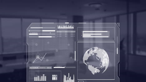 Animation-of-globe,-statistics-and-data-processing-over-office