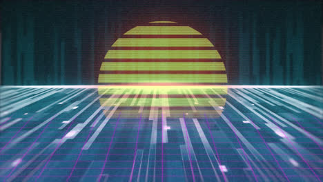 animation of digital landscape and sun over grid