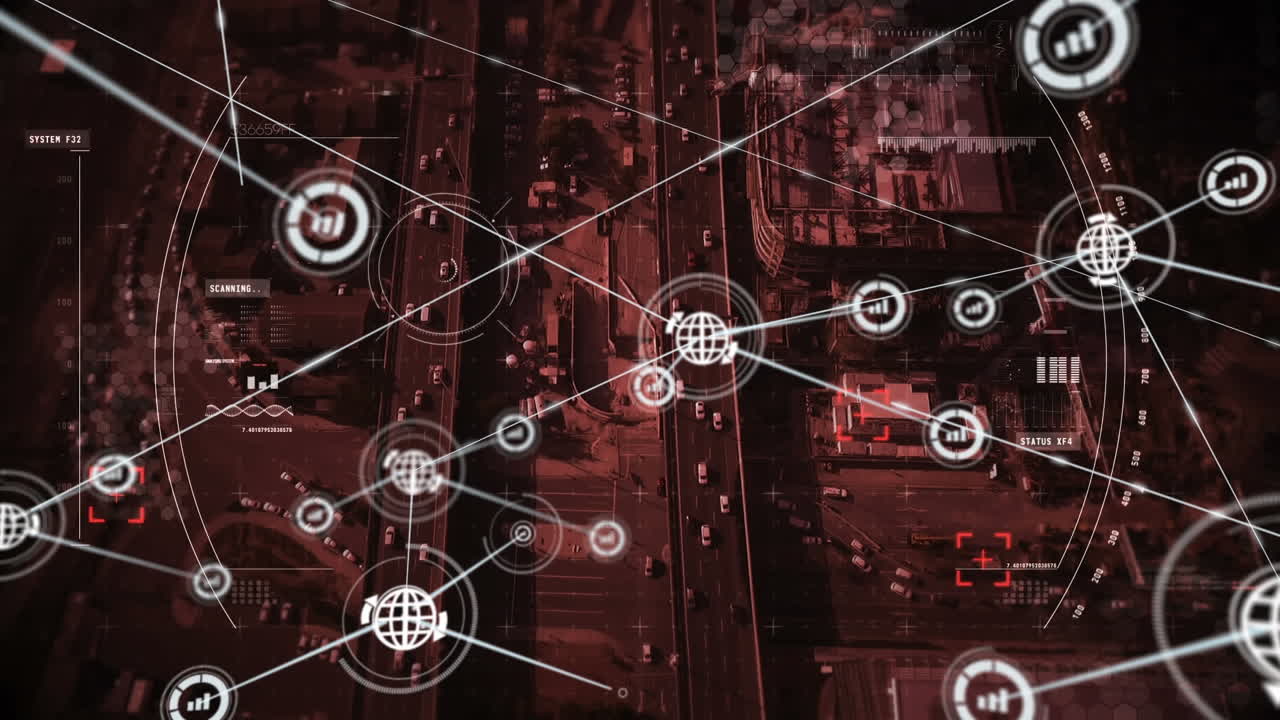 Animation of network of connections with icons over globe and network of profile