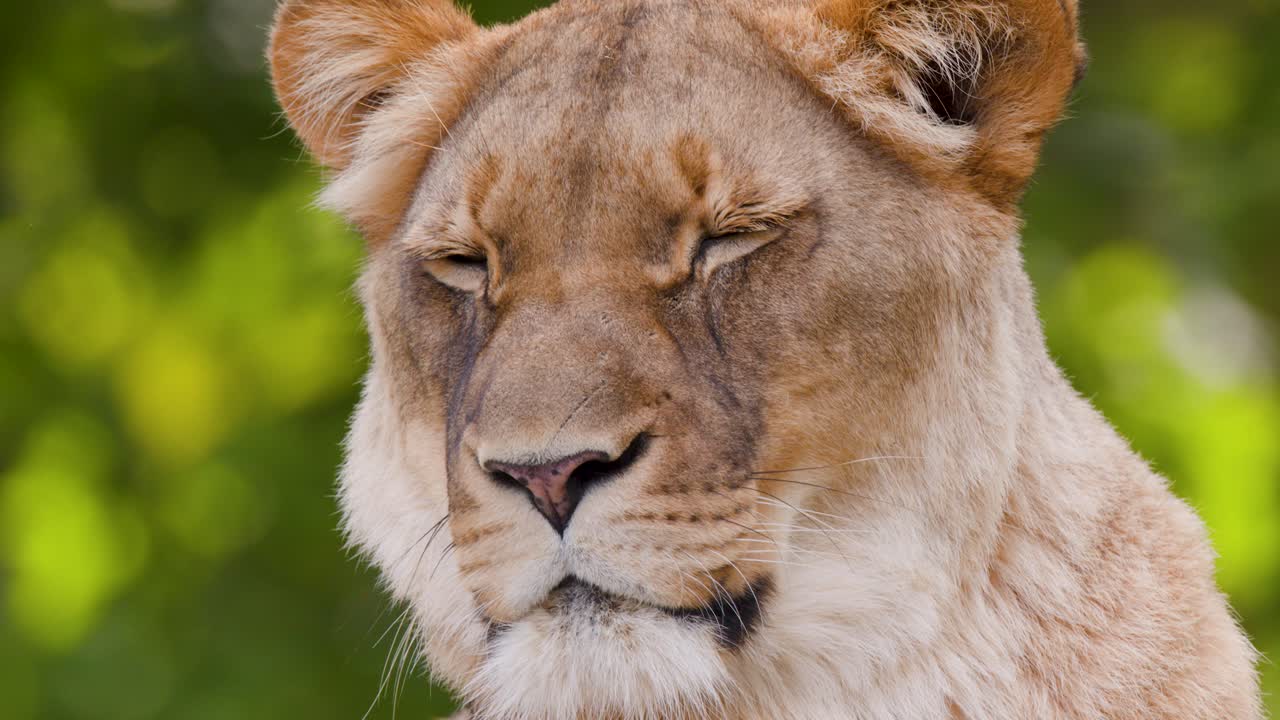 Calm lioness sits peacefully, eyes closing, in bright natural light with green blurred background