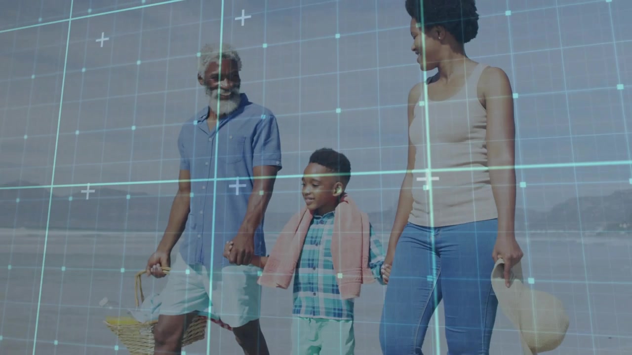 Family holding hands walking shore for picnic, camera tracking, blue grid overlaying