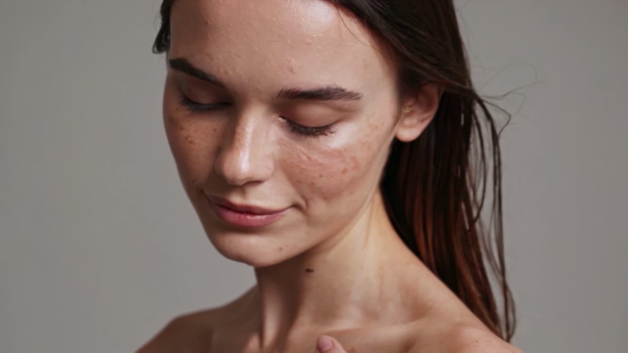 Close-up video still of a serene woman with natural makeup, soft lighting, and a gentle downward