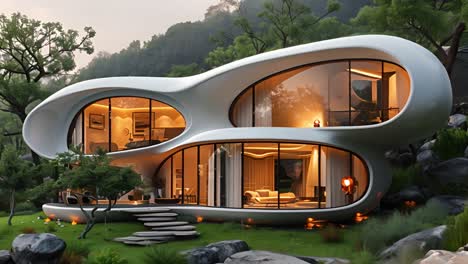 futuristic organic house in lush natural landscape